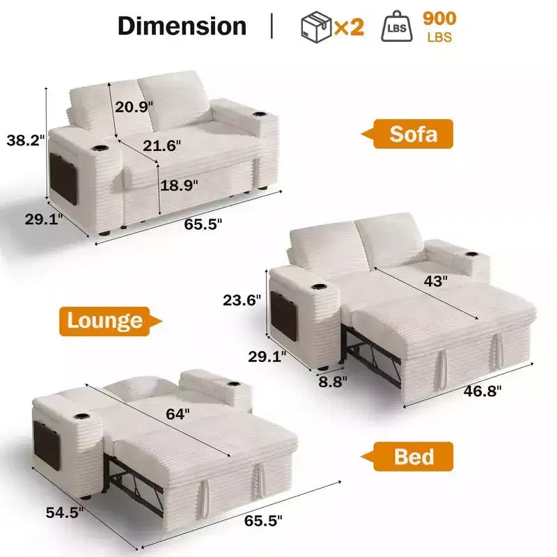 Canapé-lit Dyonery 65.5 4-en-1 avec dossiers réglables, chargement USB et Type-C, porte-gobelets, poches latérales, assemblage sans outils, vert