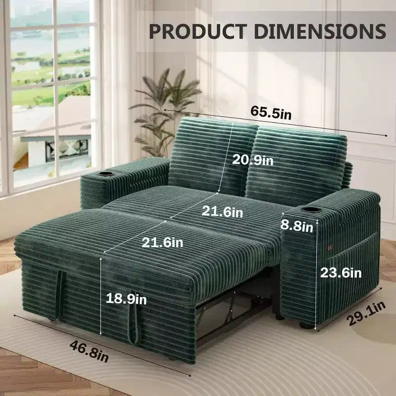 Canapé-lit Dyonery 65.5 4-en-1 avec dossiers réglables, chargement USB et Type-C, porte-gobelets, poches latérales, assemblage sans outils, vert