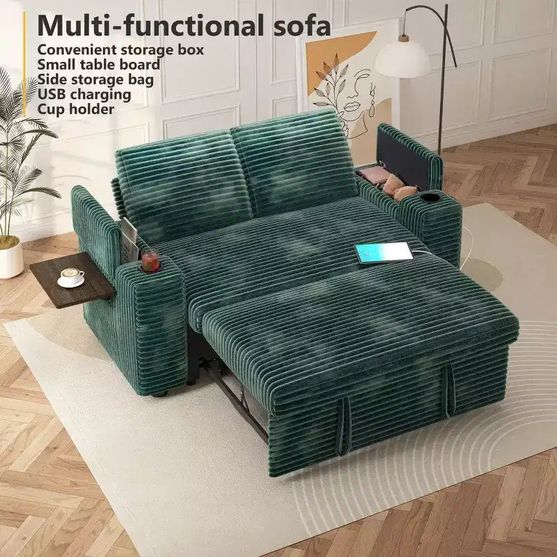 Canapé-lit Dyonery 65.5 4-en-1 avec dossiers réglables, chargement USB et Type-C, porte-gobelets, poches latérales, assemblage sans outils, vert