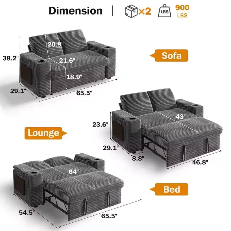 Canapé-lit Dyonery 65.5 4-en-1 avec dossiers réglables, chargement USB et Type-C, porte-gobelets, poches latérales, assemblage sans outils, vert