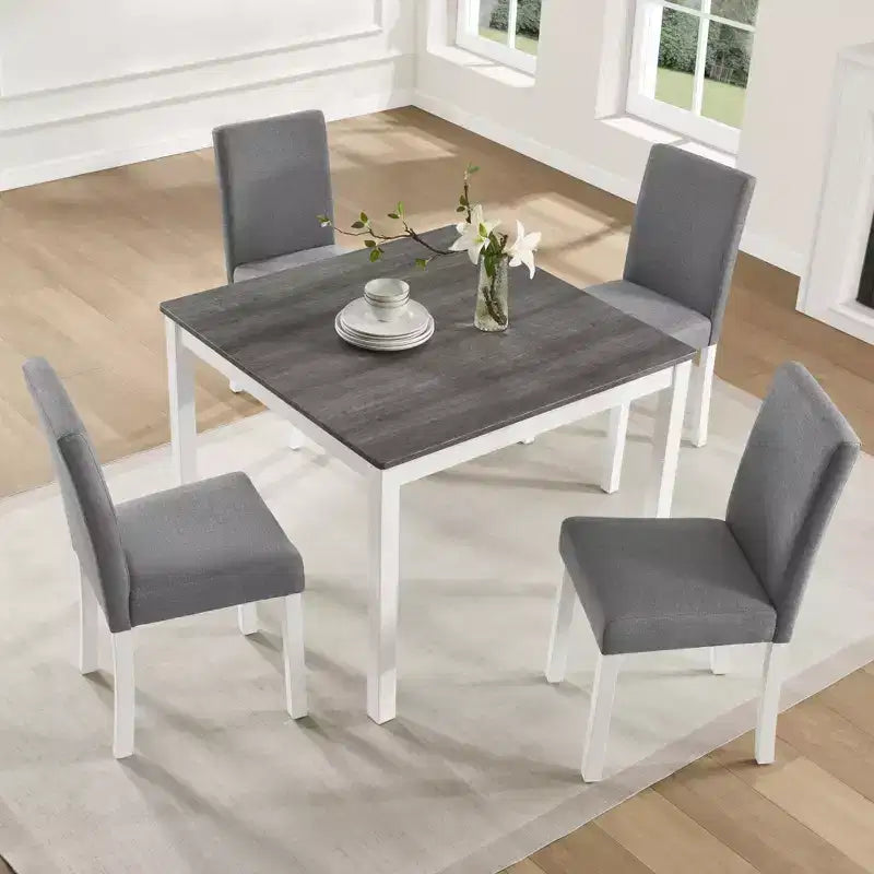 Ensemble de salle à manger moderne GDFStudio Roseanne 5 pièces en bois d'hévéa avec 4 chaises rembourrées en lin