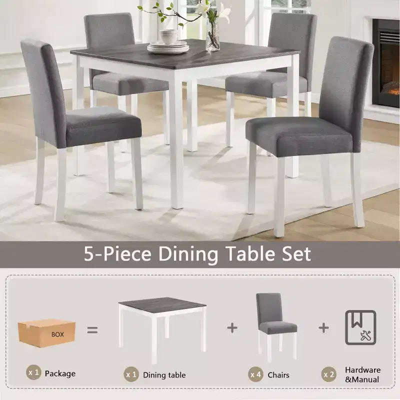 Ensemble de salle à manger moderne GDFStudio Roseanne 5 pièces en bois d'hévéa avec 4 chaises rembourrées en lin