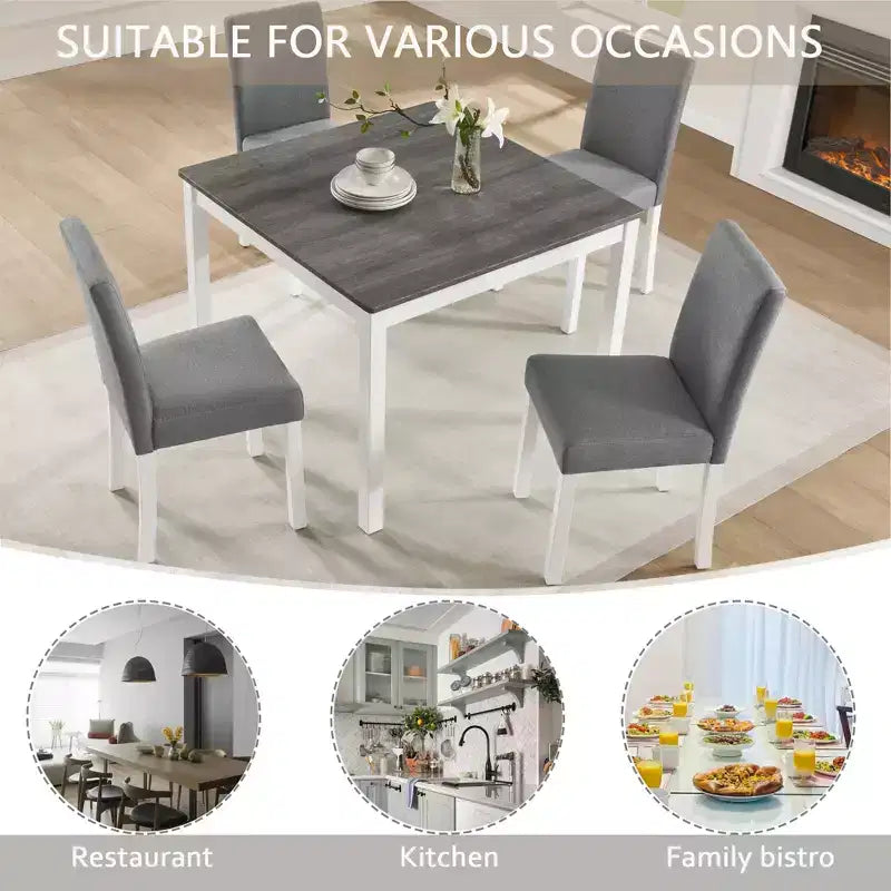 Ensemble de salle à manger moderne GDFStudio Roseanne 5 pièces en bois d'hévéa avec 4 chaises rembourrées en lin