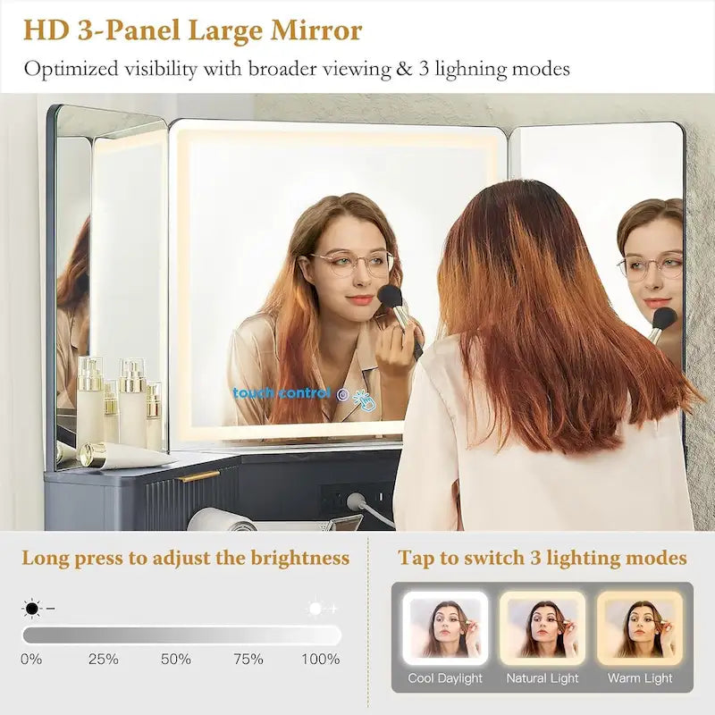 Coiffeuse moderne cannelée avec miroir triptyque et éclairage, Coiffeuse