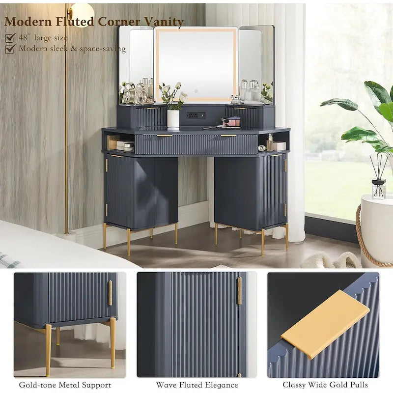 Coiffeuse moderne cannelée avec miroir triptyque et éclairage, Coiffeuse