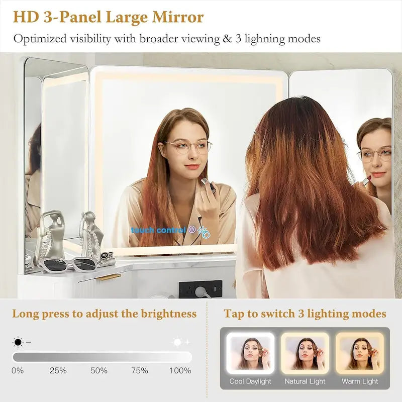 Coiffeuse moderne cannelée avec miroir triptyque et éclairage, Coiffeuse