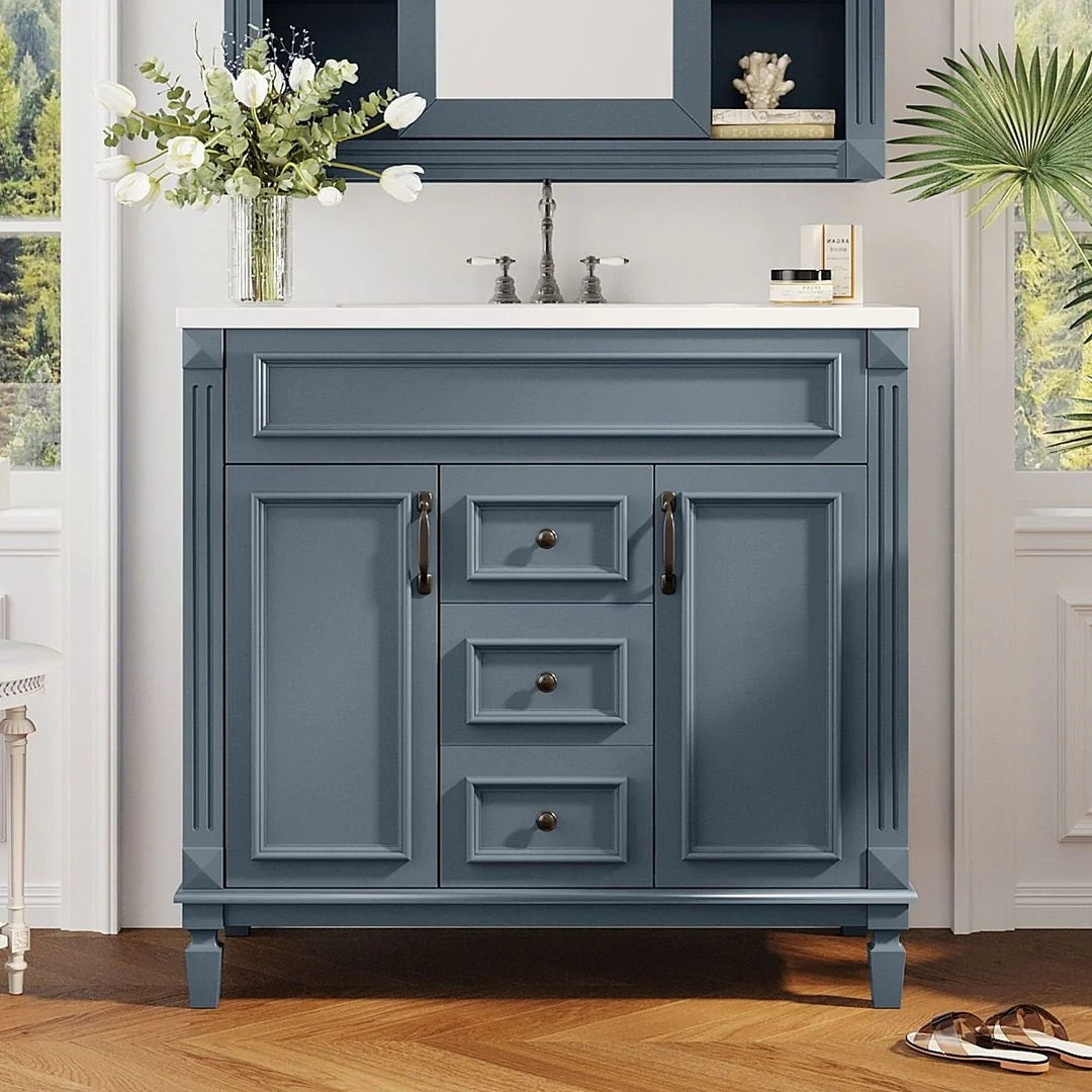 Meuble-lavabo de salle de bain moderne de 91 cm avec lavabo et armoire de toilette, 2 portes et 2 tiroirs