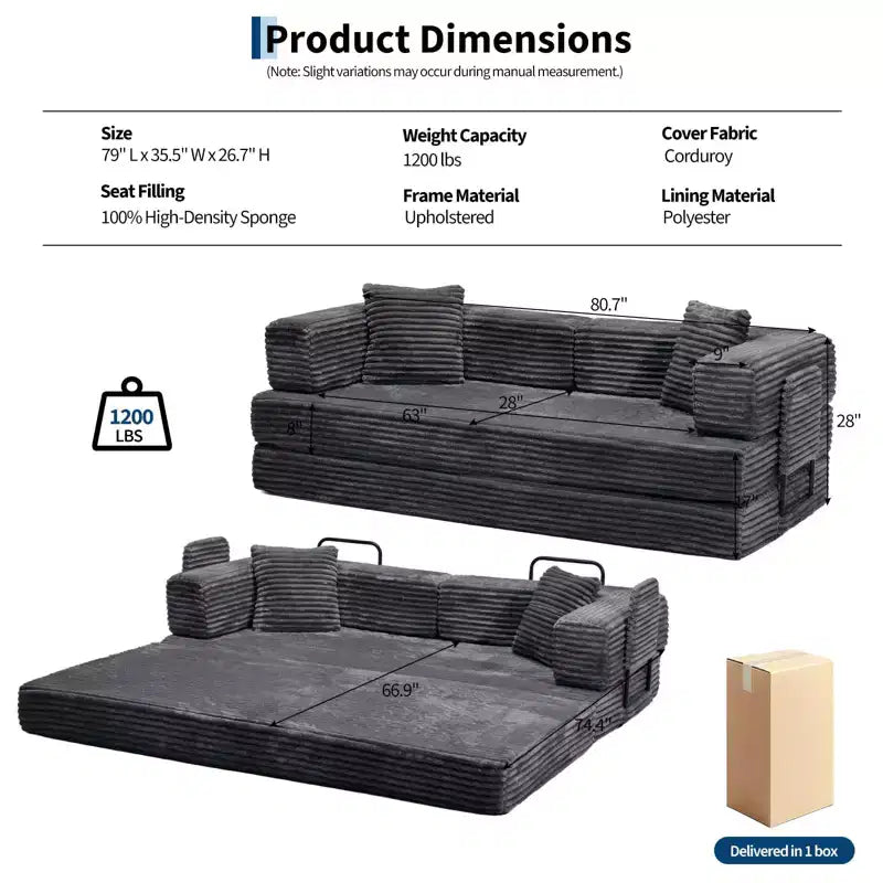 Canapé-lit convertible 5-en-1 de 205 cm (80,7 po) – Velours côtelé, 544 kg (1200 lb), sans assemblage