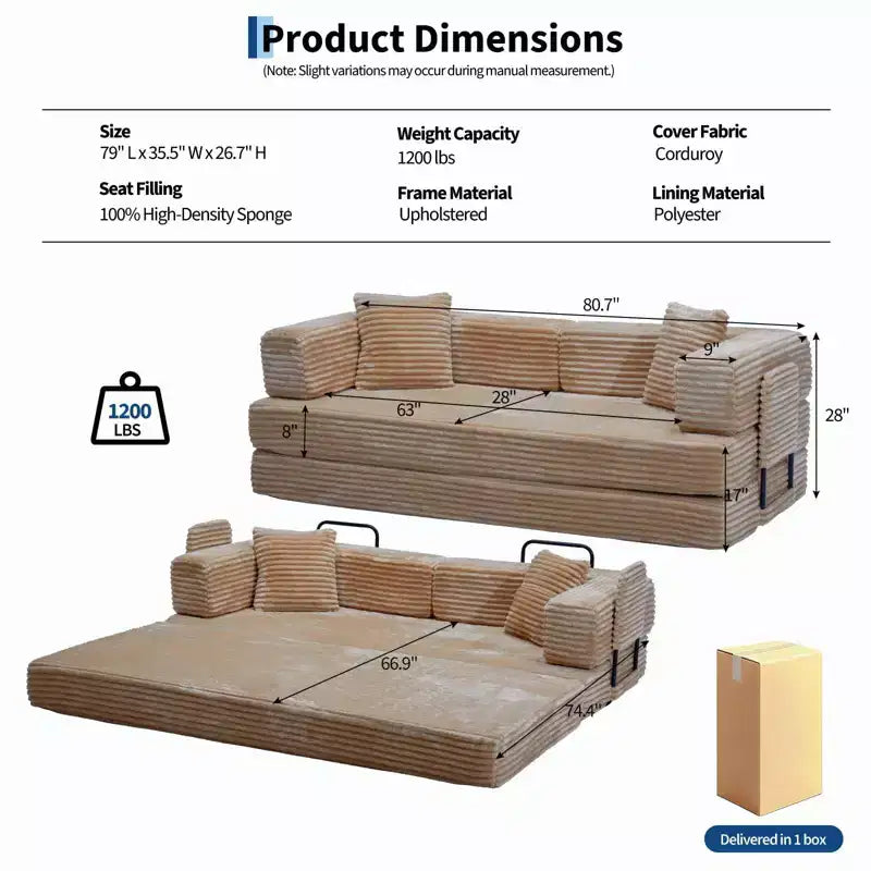 Canapé-lit convertible 5-en-1 de 205 cm (80,7 po) – Velours côtelé, 544 kg (1200 lb), sans assemblage