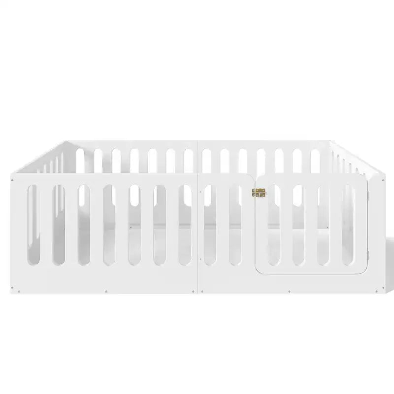 Lit Montessori au sol pour enfant, format simple, blanc, avec barrières et porte – Bois massif, 1 place
