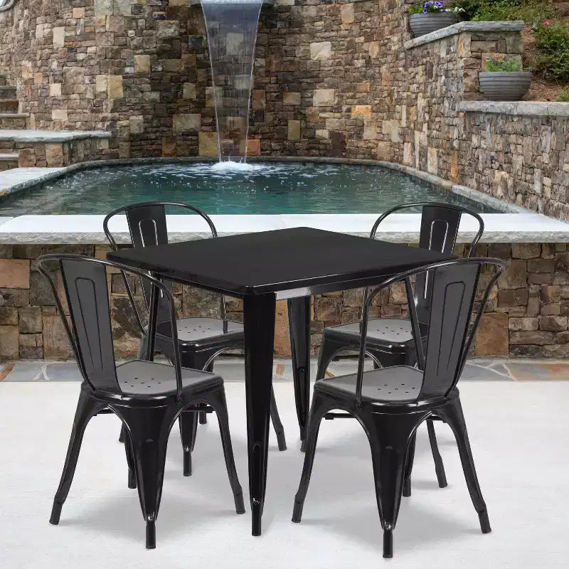 Ensemble table carrée métallique 80 cm qualité commerciale Flash Furniture avec 4 chaises empilables pour intérieur/extérieur