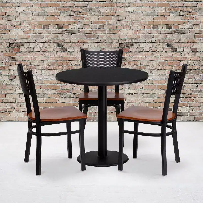 Flash Furniture Ensemble de table ronde stratifiée noire de 30 po avec 3 chaises en métal à dossier quadrillé - Siège en bois de cerisier