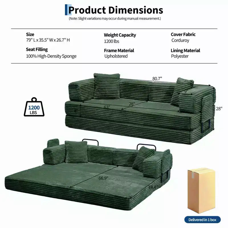 Canapé-lit convertible 5-en-1 de 205 cm (80,7 po) – Velours côtelé, 544 kg (1200 lb), sans assemblage