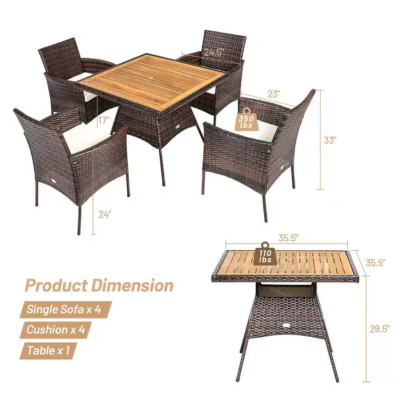 Ensemble de salle à manger Costway 5 pièces en rotin pour patio, chaises avec accoudoirs, plateau de table en bois