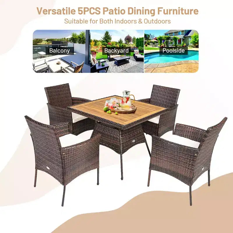 Ensemble de salle à manger Costway 5 pièces en rotin pour patio, chaises avec accoudoirs, plateau de table en bois