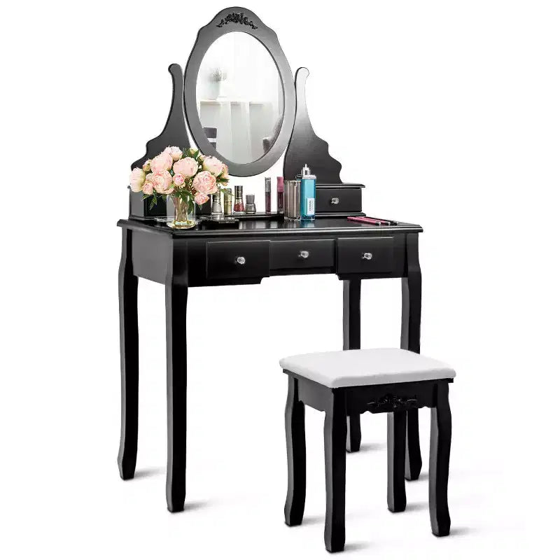 Coiffeuse de maquillage Costway avec tabouret, miroir et 5 tiroirs, en bois, noir