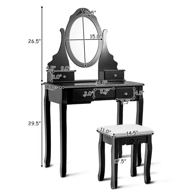 Coiffeuse de maquillage Costway avec tabouret, miroir et 5 tiroirs, en bois, noir