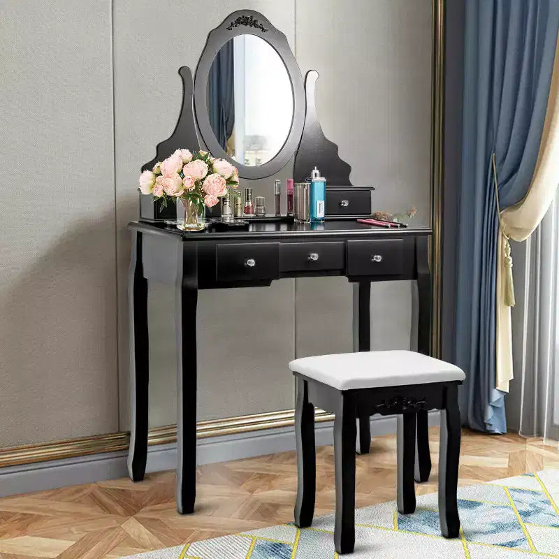 Coiffeuse de maquillage Costway avec tabouret, miroir et 5 tiroirs, en bois, noir