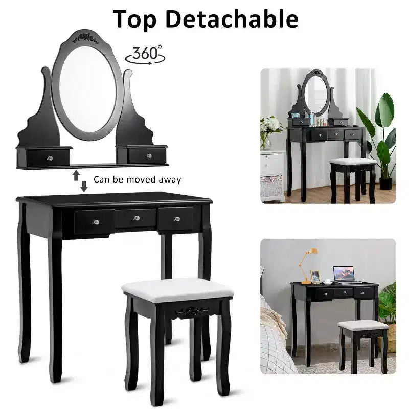 Coiffeuse de maquillage Costway avec tabouret, miroir et 5 tiroirs, en bois, noir