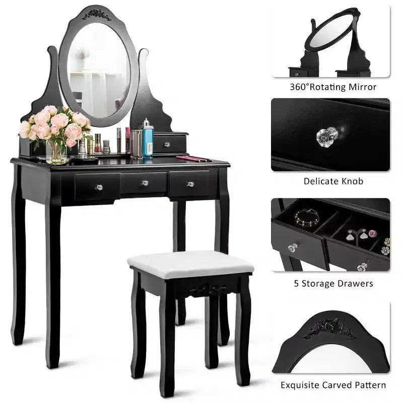 Coiffeuse de maquillage Costway avec tabouret, miroir et 5 tiroirs, en bois, noir