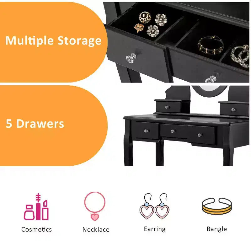 Coiffeuse de maquillage Costway avec tabouret, miroir et 5 tiroirs, en bois, noir