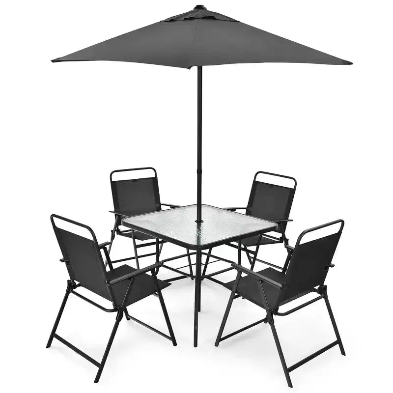 Costway Ensemble de salle à manger 6 pièces pour terrasse, chaises pliantes, table en verre avec parasol, gris