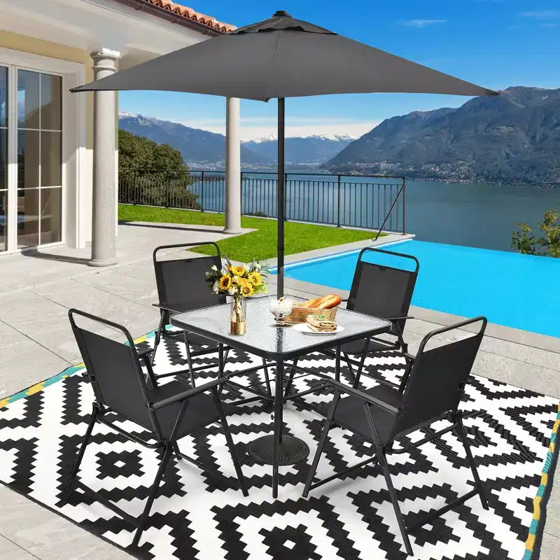 Costway Ensemble de salle à manger 6 pièces pour terrasse, chaises pliantes, table en verre avec parasol, gris