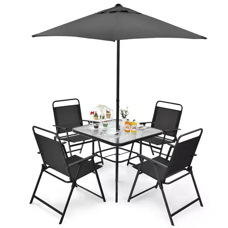 Costway Ensemble de salle à manger 6 pièces pour terrasse, chaises pliantes, table en verre avec parasol, gris