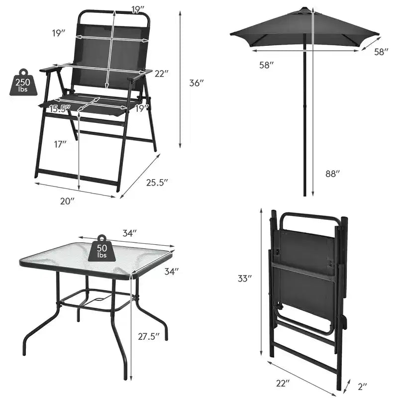 Costway Ensemble de salle à manger 6 pièces pour terrasse, chaises pliantes, table en verre avec parasol, gris
