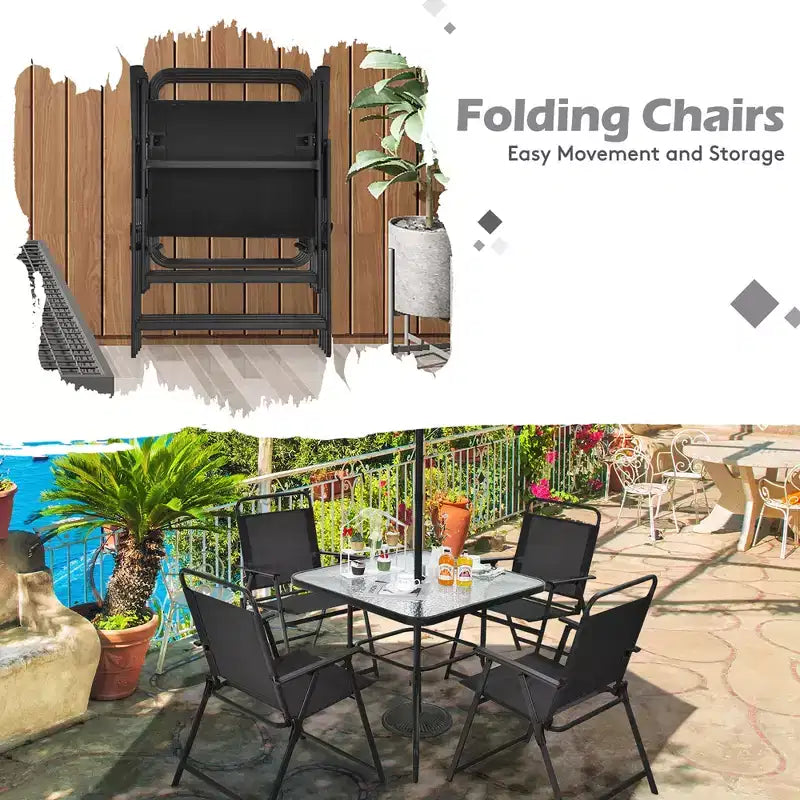 Costway Ensemble de salle à manger 6 pièces pour terrasse, chaises pliantes, table en verre avec parasol, gris