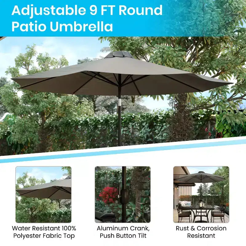 Ensemble table de patio 7 pièces Emma et Oliver - 4 chaises empilables en teck synthétique imitation bois - Table en teck imitation bois - Parasol avec base