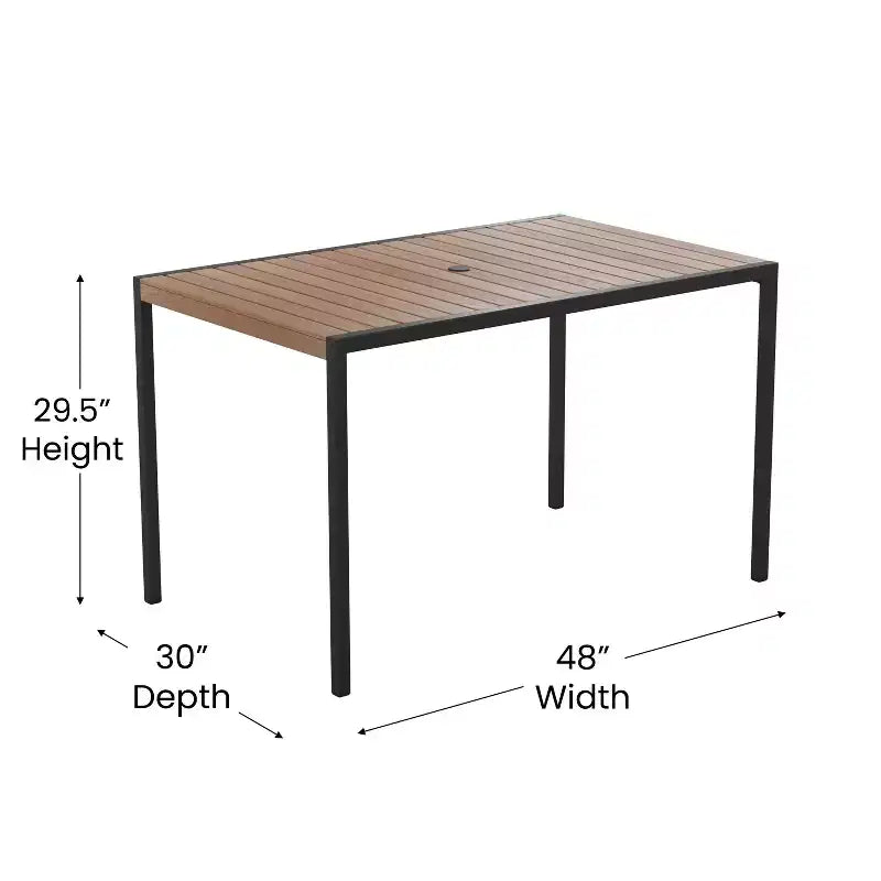 Ensemble table de patio 7 pièces Emma et Oliver - 4 chaises empilables en teck synthétique imitation bois - Table en teck imitation bois - Parasol avec base