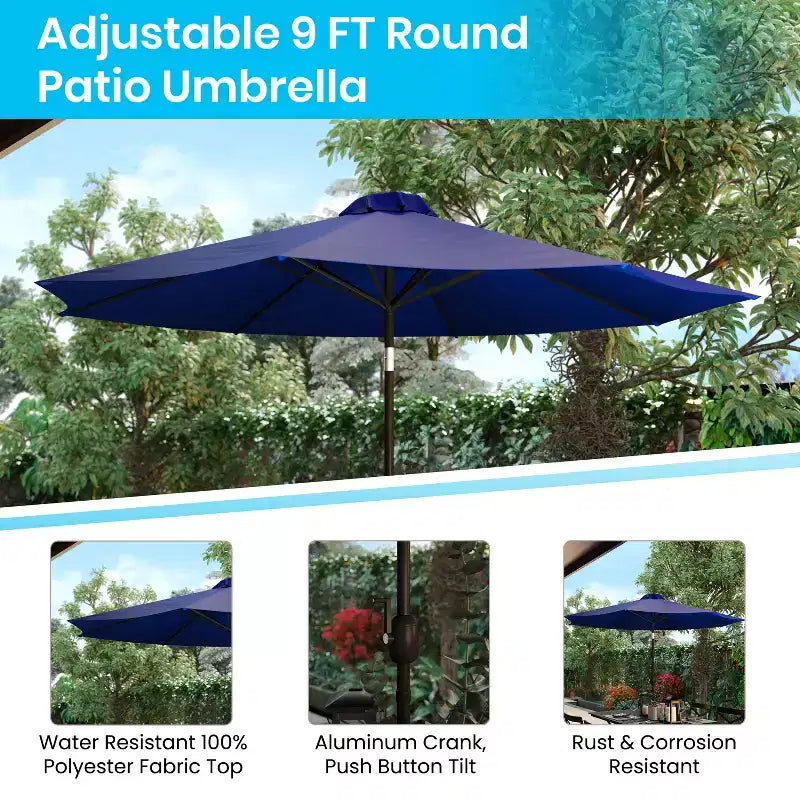 Ensemble table de patio 7 pièces Emma et Oliver - 4 chaises empilables en teck synthétique imitation bois - Table en teck imitation bois - Parasol avec base