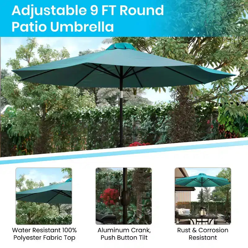 Ensemble table de patio 7 pièces Emma et Oliver - 4 chaises empilables en teck synthétique imitation bois - Table en teck imitation bois - Parasol avec base