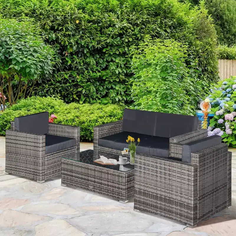 Ensemble de mobilier de jardin en rotin 4 pièces Outsunny, salon de conversation extérieur rembourré avec 2 chaises, causeuse et table basse en verre