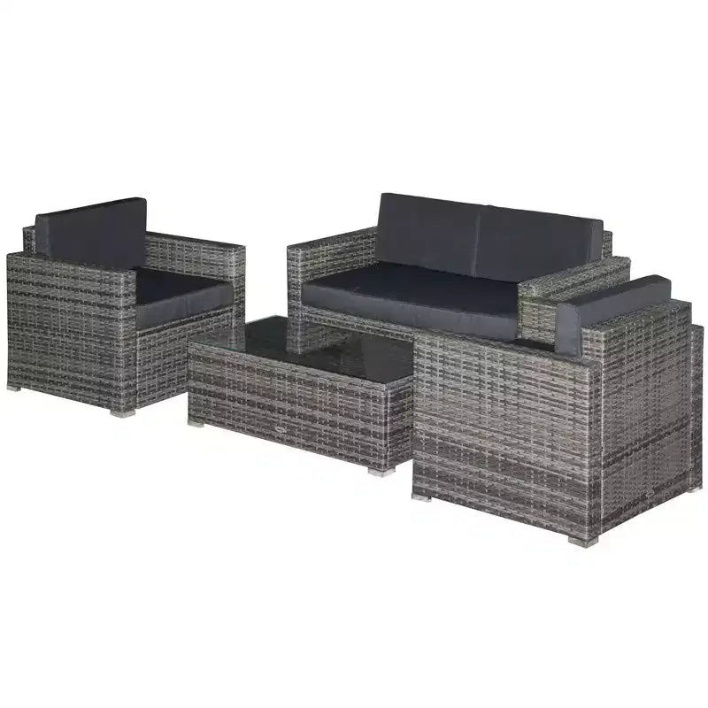 Ensemble de mobilier de jardin en rotin 4 pièces Outsunny, salon de conversation extérieur rembourré avec 2 chaises, causeuse et table basse en verre