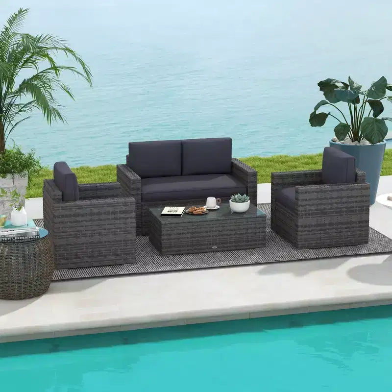 Ensemble de mobilier de jardin en rotin 4 pièces Outsunny, salon de conversation extérieur rembourré avec 2 chaises, causeuse et table basse en verre