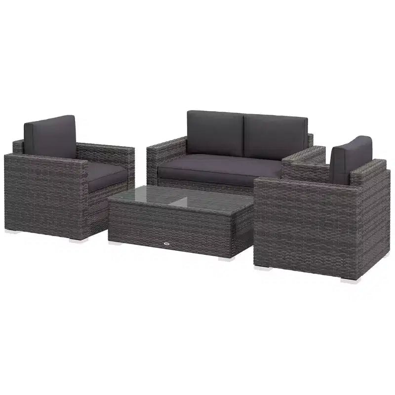 Ensemble de mobilier de jardin en rotin 4 pièces Outsunny, salon de conversation extérieur rembourré avec 2 chaises, causeuse et table basse en verre