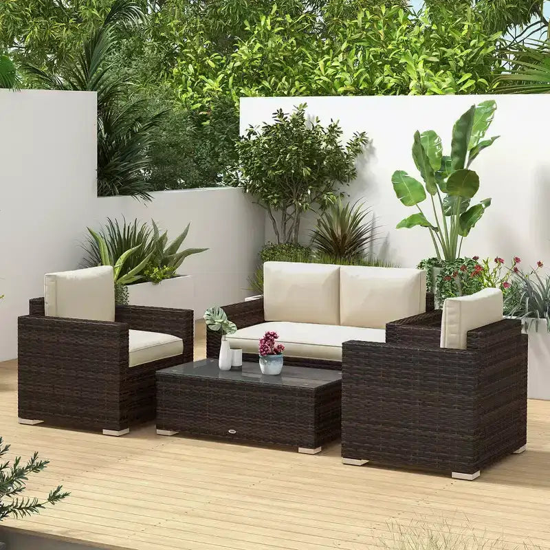 Ensemble de mobilier de jardin en rotin 4 pièces Outsunny, salon de conversation extérieur rembourré avec 2 chaises, causeuse et table basse en verre