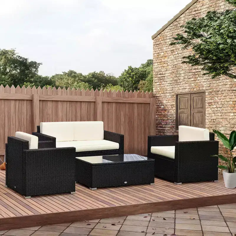 Ensemble de mobilier de jardin en rotin 4 pièces Outsunny, salon de conversation extérieur rembourré avec 2 chaises, causeuse et table basse en verre