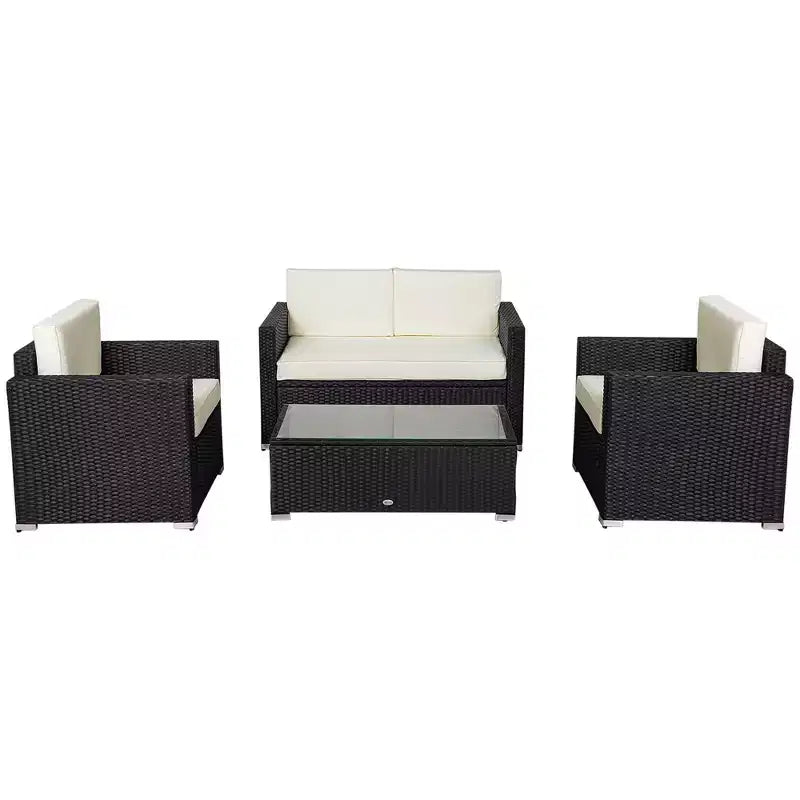 Ensemble de mobilier de jardin en rotin 4 pièces Outsunny, salon de conversation extérieur rembourré avec 2 chaises, causeuse et table basse en verre
