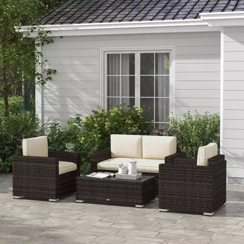 Ensemble de mobilier de jardin en rotin 4 pièces Outsunny, salon de conversation extérieur rembourré avec 2 chaises, causeuse et table basse en verre