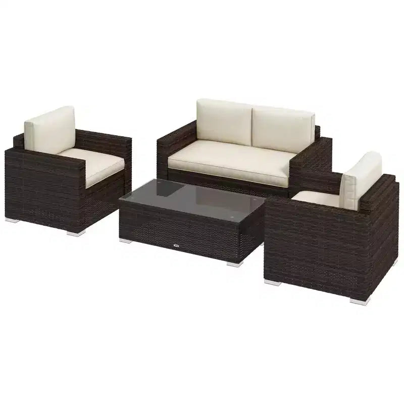 Ensemble de mobilier de jardin en rotin 4 pièces Outsunny, salon de conversation extérieur rembourré avec 2 chaises, causeuse et table basse en verre