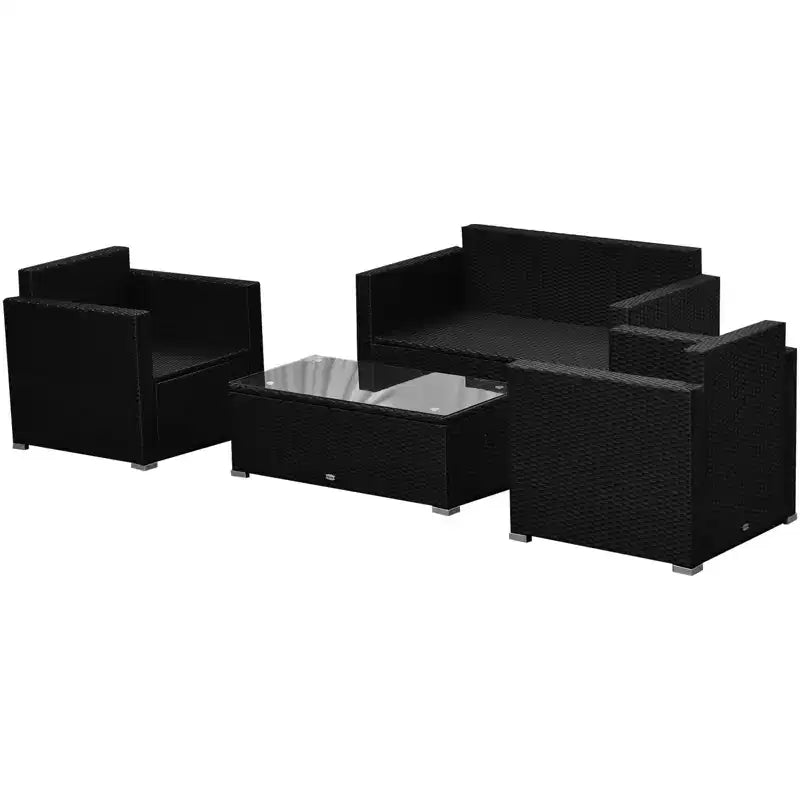 Ensemble de mobilier de jardin en rotin 4 pièces Outsunny, salon de conversation extérieur rembourré avec 2 chaises, causeuse et table basse en verre