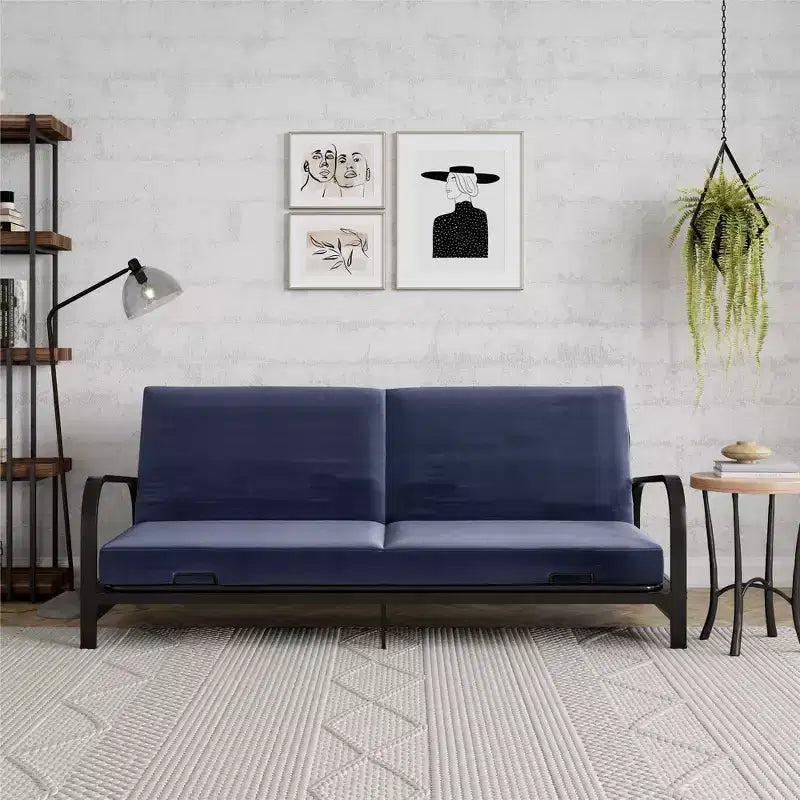 RealRooms Karli Structure de futon en métal noir avec accoudoirs, matelas bleu 6 pouces et housse noire supplémentaire