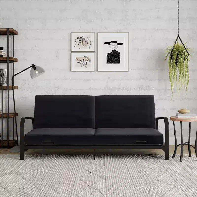 RealRooms Karli Structure de futon en métal noir avec accoudoirs, matelas bleu 6 pouces et housse noire supplémentaire