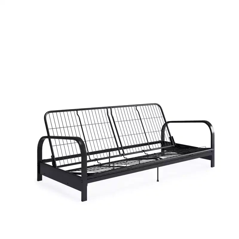 RealRooms Karli Structure de futon en métal noir avec accoudoirs, matelas bleu 6 pouces et housse noire supplémentaire