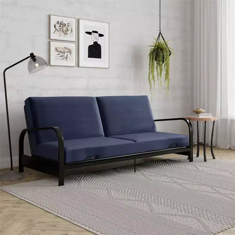 RealRooms Karli Structure de futon en métal noir avec accoudoirs, matelas bleu 6 pouces et housse noire supplémentaire