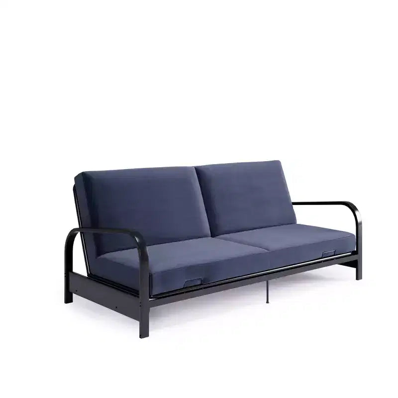 RealRooms Karli Structure de futon en métal noir avec accoudoirs, matelas bleu 6 pouces et housse noire supplémentaire