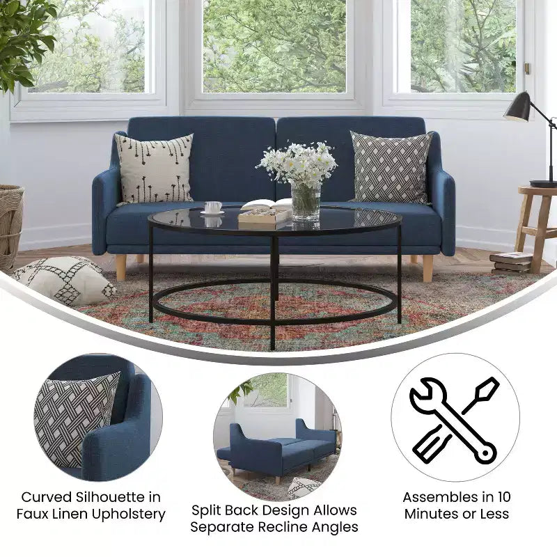 Flash Furniture Delphine Canapé-Lit Futon Convertible Premium avec Dossier Inclinable, Accoudoirs Courbés et Pieds en Bois Massif